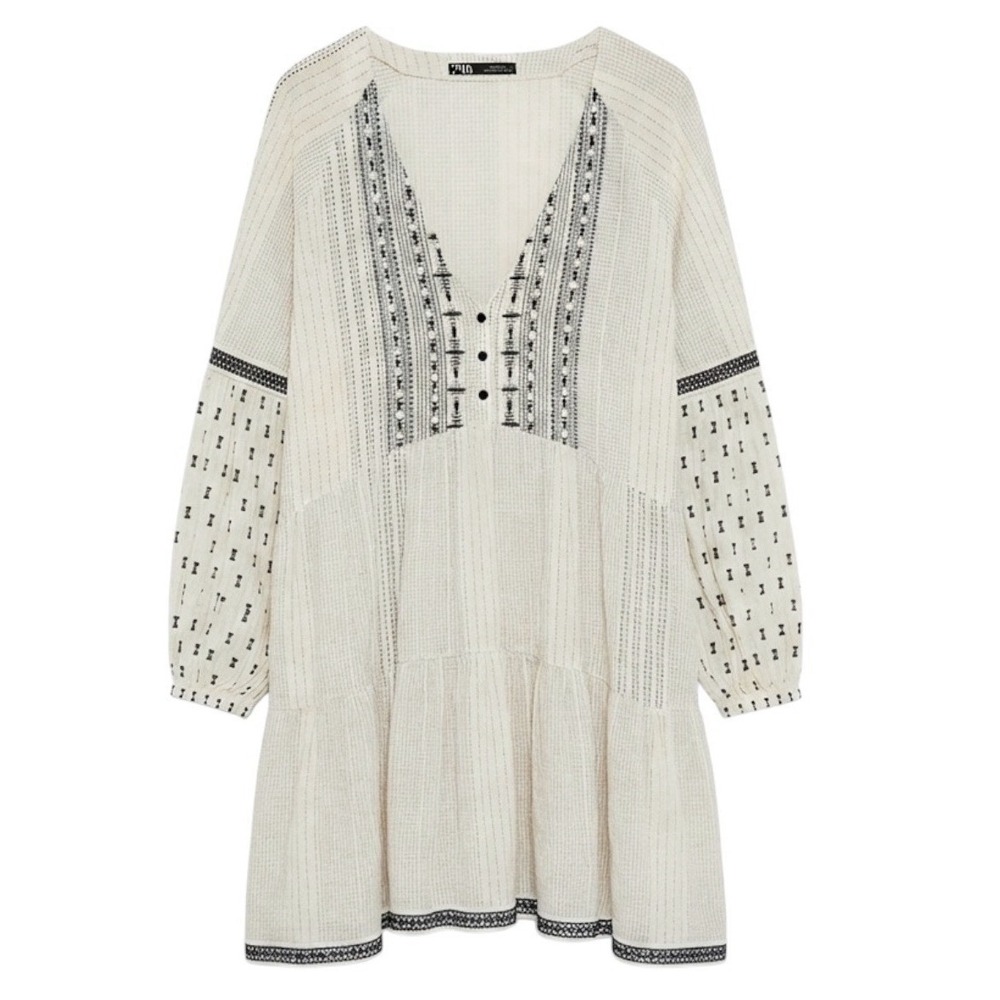 ZARA Women's Size Medium BLACK WHITE EMBROIDERED V-NECK DRESS PUFF SLEEVES